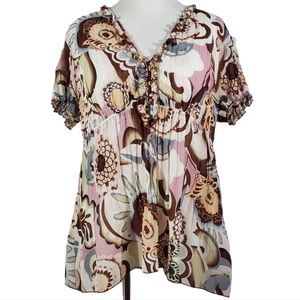 Notations Shirt Top Blouse Floral Semi Sheer Ruffled 1X Plus